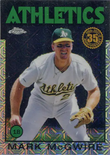 Baseball card of Mark McGwire in white uniform for Oakland Athletics Chrome Silver Card