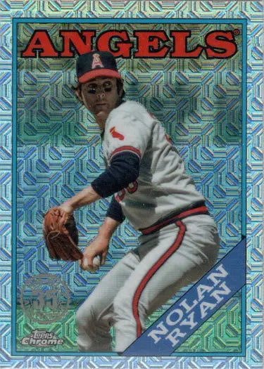 Baseball card of Nolan Ryan in Angels uniform, a Chrome Silver Card from Topps Update 2023