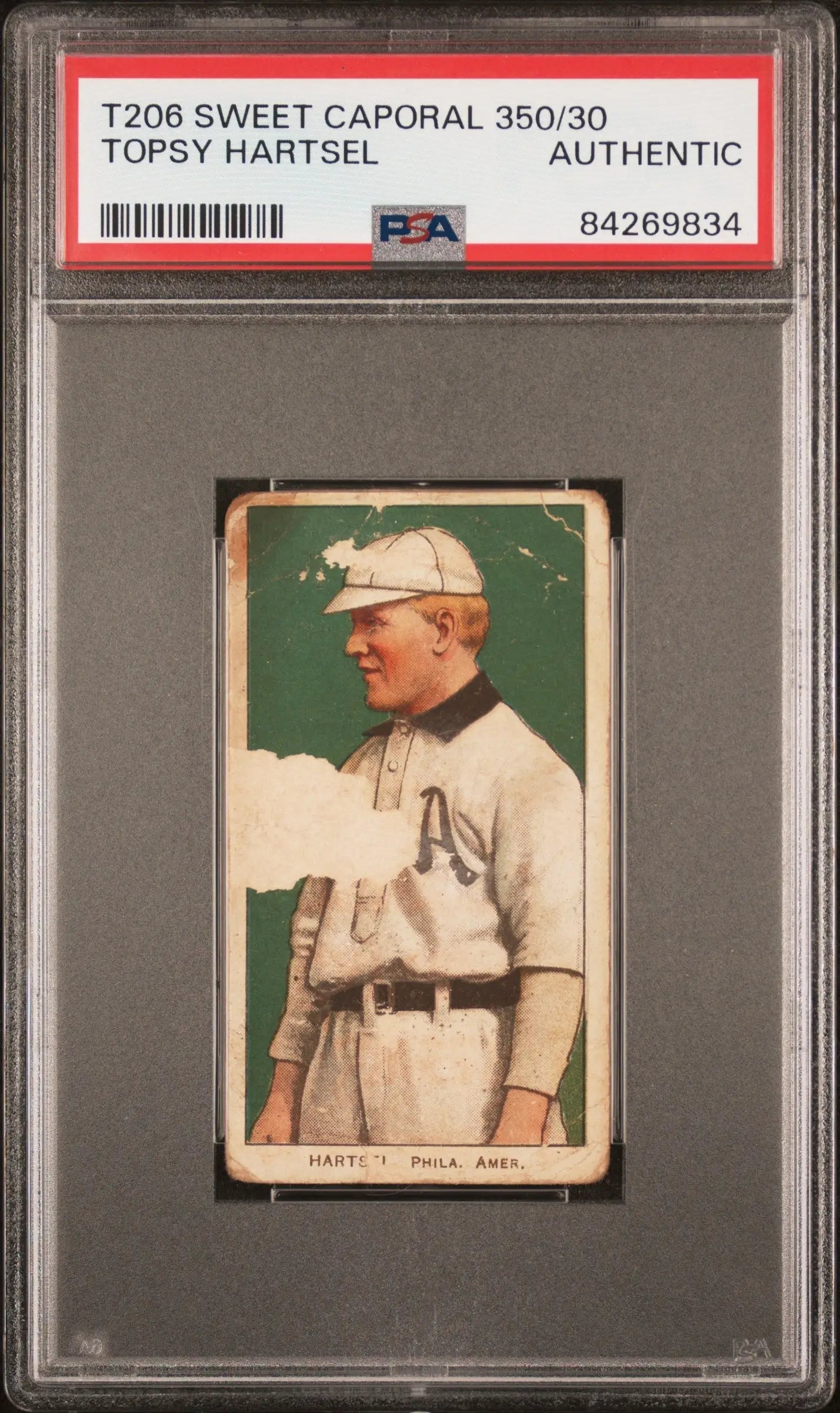 PSA-graded T206 Sweet Caporal card of Topsy Hartsel in New York uniform