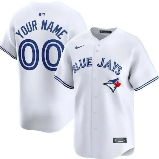 White Toronto Blue Jays Nike Home Limited Custom Jersey with blue trim and customizable name and number