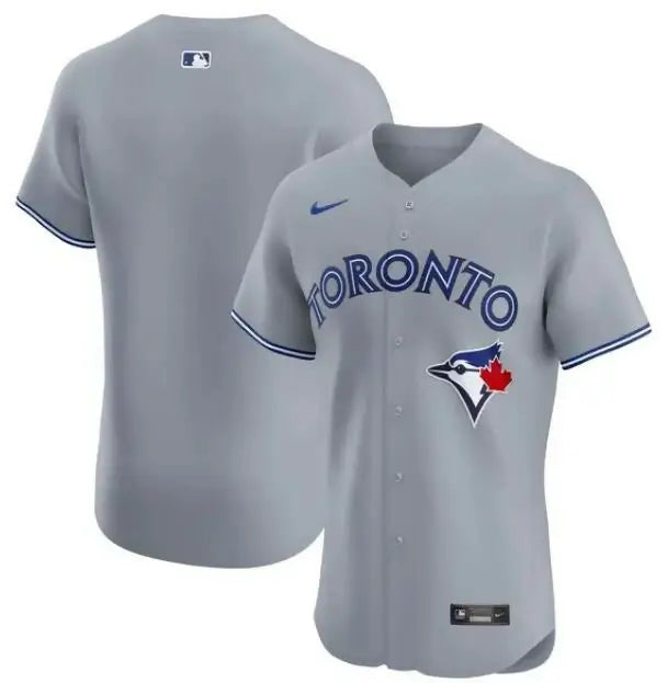 Gray Toronto Blue Jays Nike Road Elite baseball jersey front view
