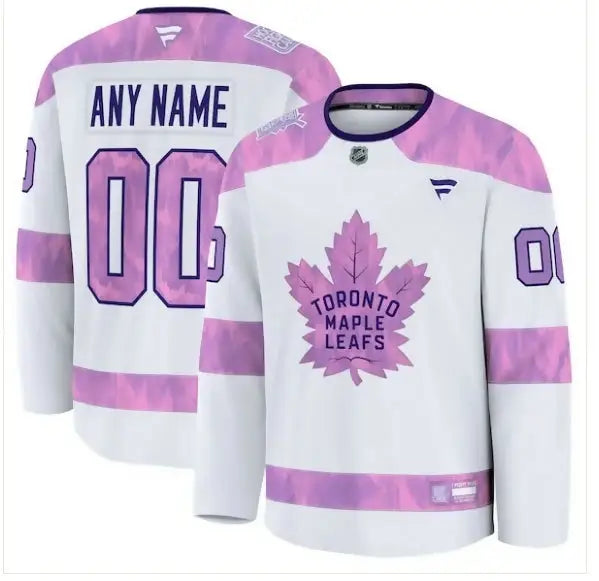 White Toronto Maple Leafs Hockey Fights Cancer practice jersey with pink accents and customizable name and number