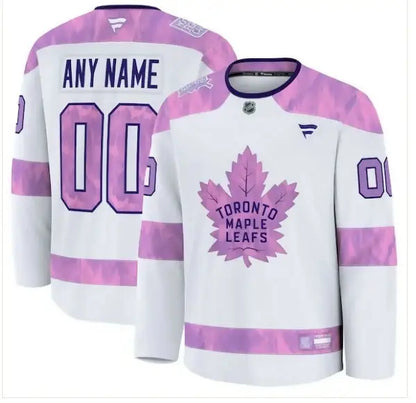 White Toronto Maple Leafs Hockey Fights Cancer practice jersey with pink accents and customizable name and number