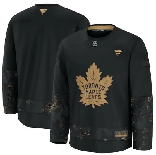 Black Toronto Maple Leafs 2024 Military Appreciation Practice Jersey with gold maple leaf logo