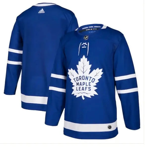 Blue Toronto Maple Leafs adidas Home Authentic Blank Jersey with white stripes on sleeves and hem