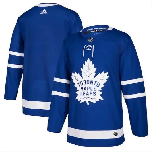 Blue Toronto Maple Leafs adidas Home Authentic Blank Jersey with white stripes on sleeves and hem