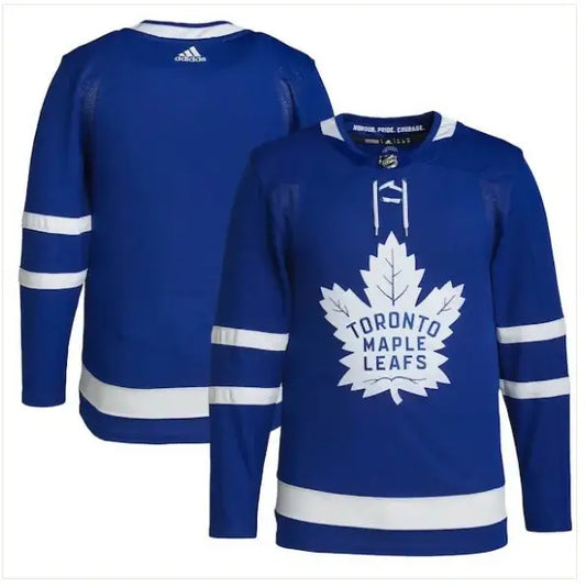 Blue Toronto Maple Leafs adidas Home Primegreen Authentic Jersey with white stripes