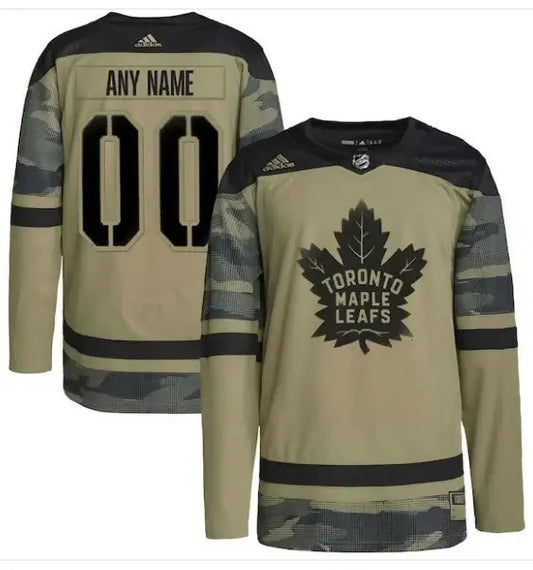 Toronto Maple Leafs military appreciation jersey with camo accents and black maple leaf logo