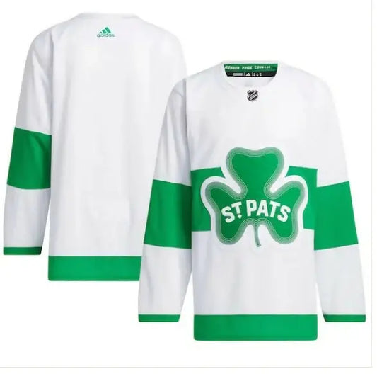 White and green Toronto Maple Leafs St. Patricks alternate jersey with shamrock logo