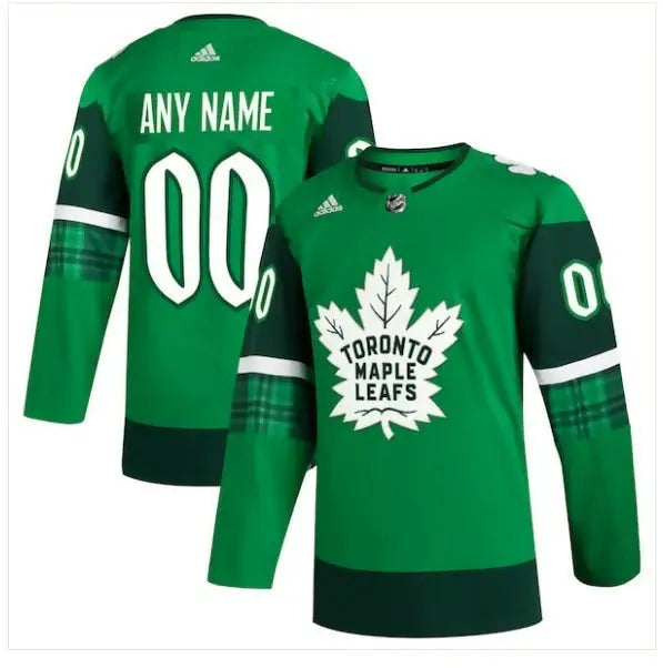 Green Toronto Maple Leafs adidas St. Patrick’s Day jersey with white maple leaf logo and customizable name and number