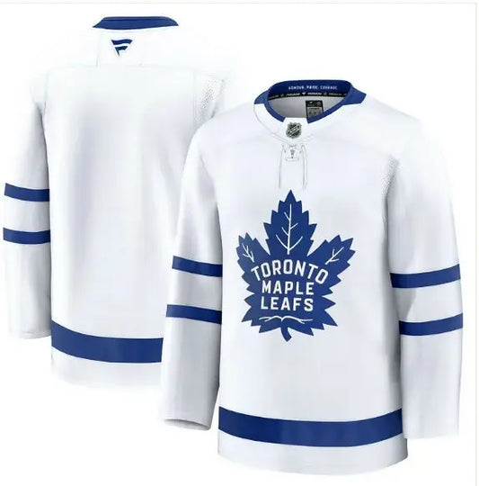 White Toronto Maple Leafs hockey jersey with blue stripes and logo for sale