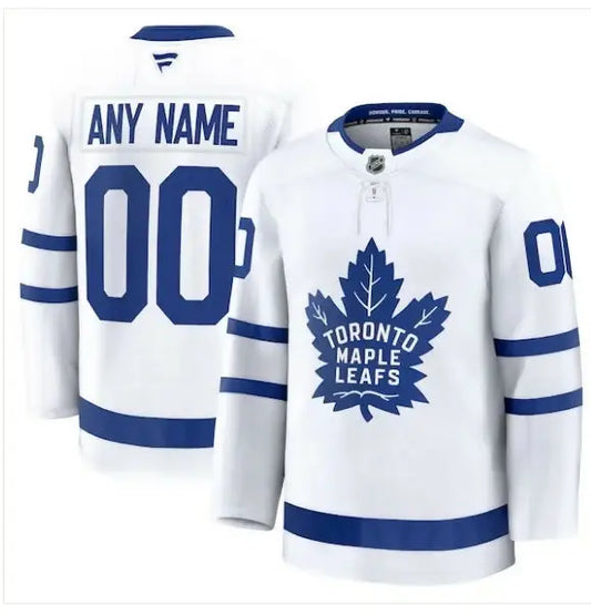 White Toronto Maple Leafs away premium custom hockey jersey with blue accents and customizable name and number
