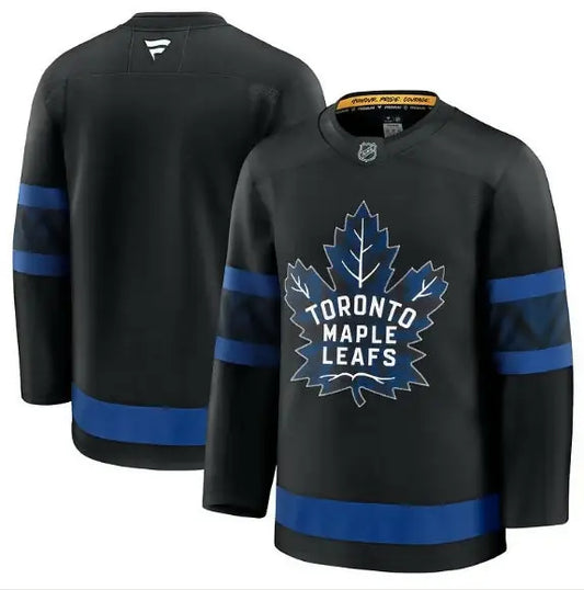 Black Toronto Maple Leafs away premium hockey jersey with blue stripes and logo