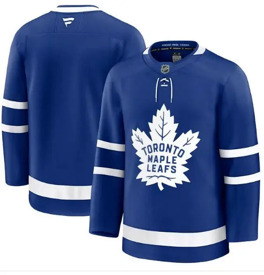 Blue Toronto Maple Leafs away premium hockey jersey with white accents and a large maple leaf logo