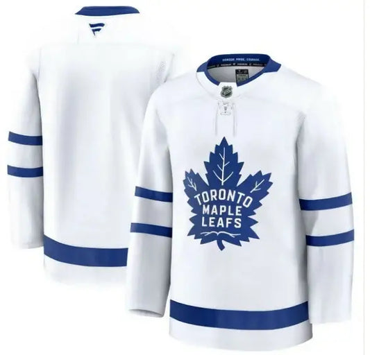 White Toronto Maple Leafs away premium hockey jersey with blue stripes and logo