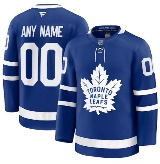 Blue Toronto Maple Leafs hockey jersey displayed in the Toronto Maple Leafs Home Premium Custom Jersey product