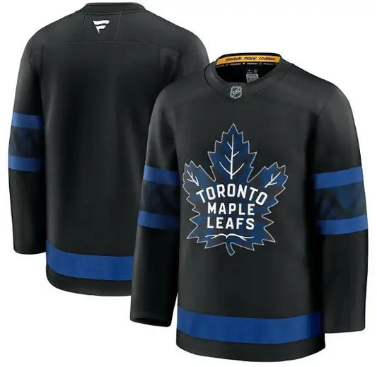 Black Toronto Maple Leafs hockey jersey with blue stripes and blue maple leaf logo