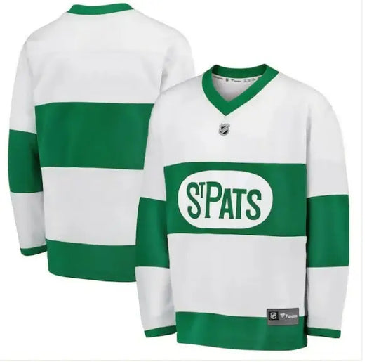 White and green Toronto Maple Leafs youth away replica hockey jersey with ST PATS logo