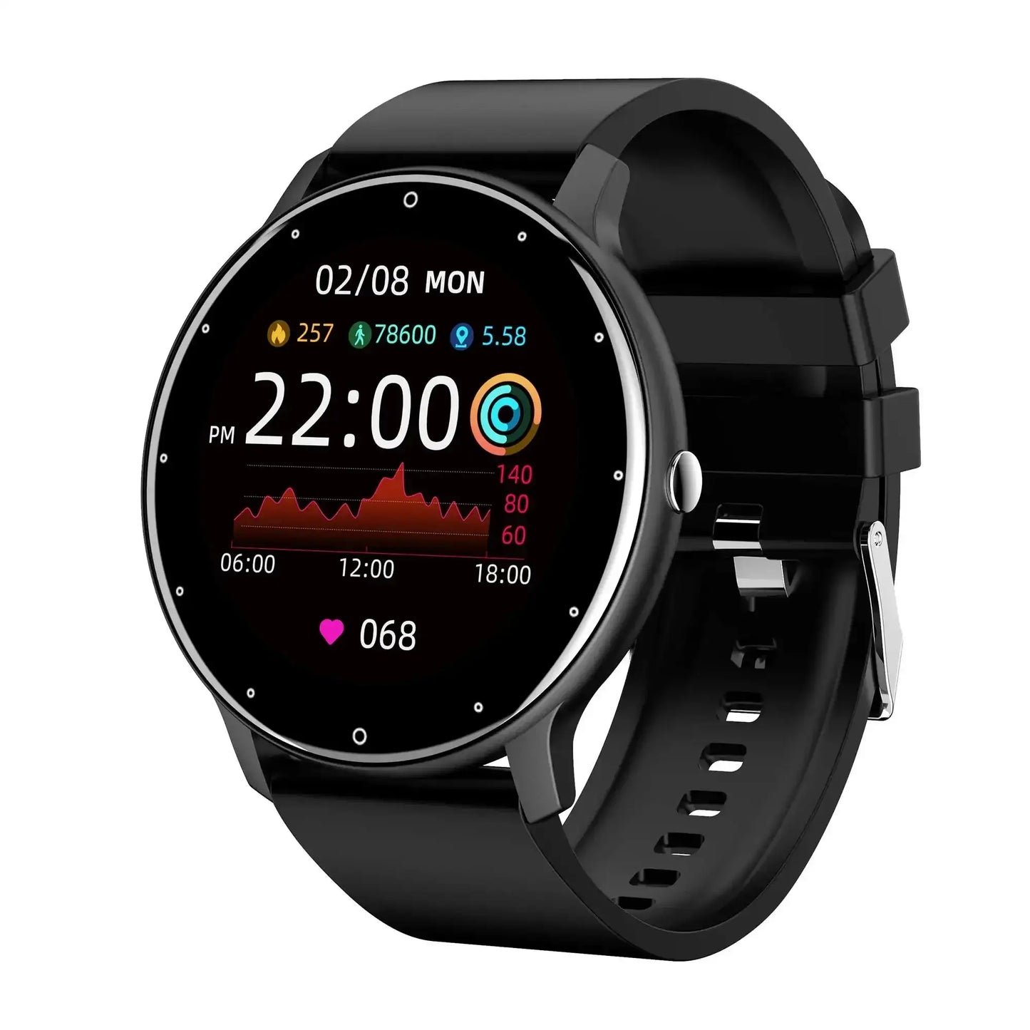 Black Touch Dial Fitness Tracker smartwatch with silicone band displaying time and health metrics