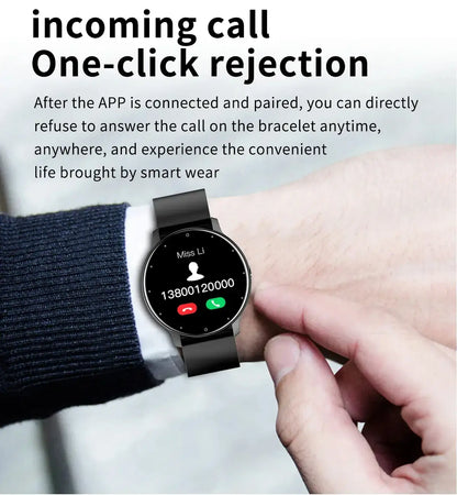 Black round-faced Touch Dial Fitness Tracker with matching band showing incoming call