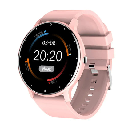 Pink Touch Dial Fitness Tracker IP67 Waterproof smartwatch with digital display showing time, date, and temperature