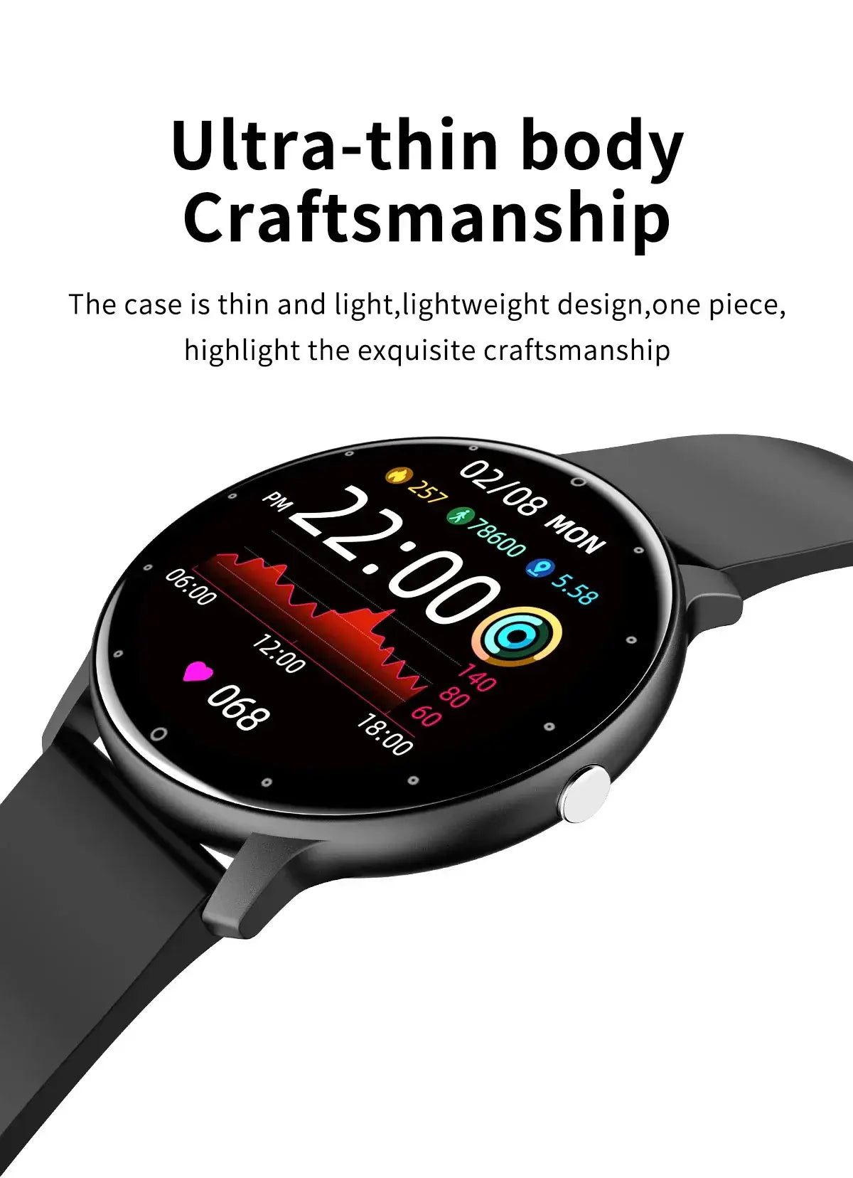 Black round-faced Touch Dial Fitness Tracker smartwatch with black band, IP67 waterproof