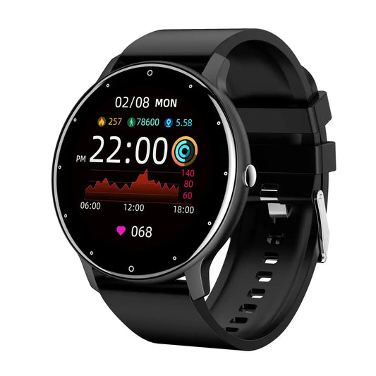 Black round Touch Dial Fitness tracker smartwatch with silicone strap, digital display, and heart rate monitoring
