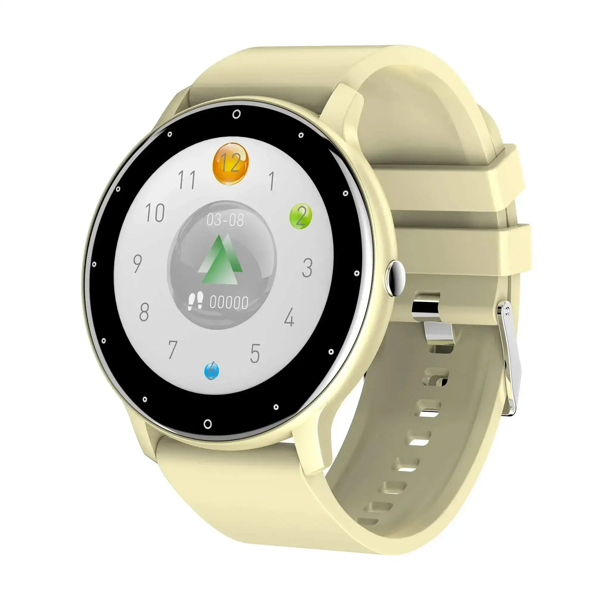 Round-faced Touch Dial Fitness Tracker with cream silicone strap, IP67 waterproof smart watch