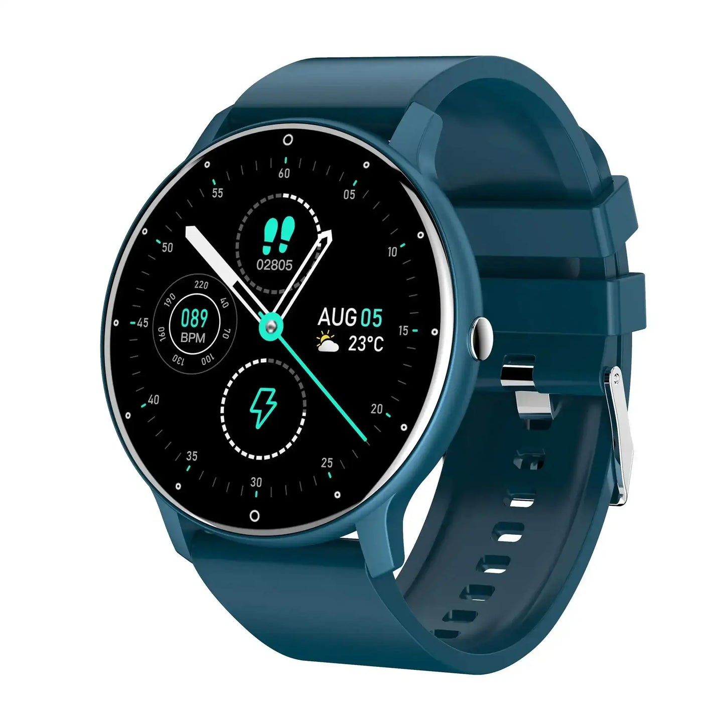 Dark teal Touch Dial Fitness Tracker smartwatch with silicone strap, IP67 waterproof