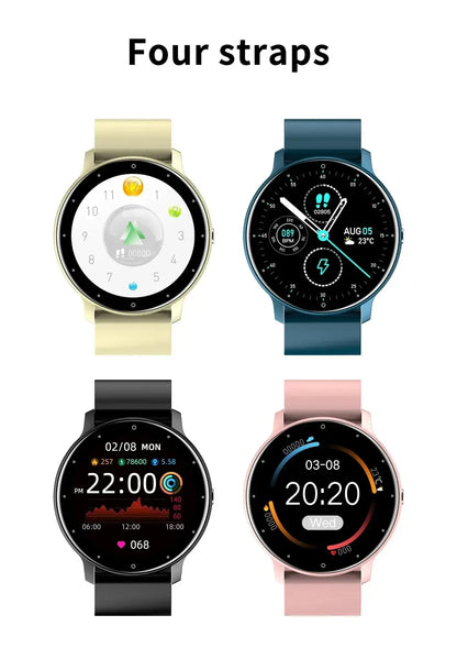Four colorful Touch Dial Fitness smartwatches with different straps for stylish fitness tracking