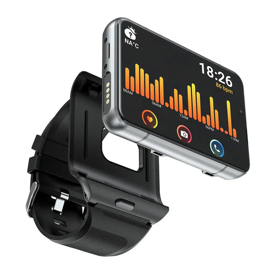 Black Touch Screen 4G Android Smartwatch with IPS Screen displaying health data and time
