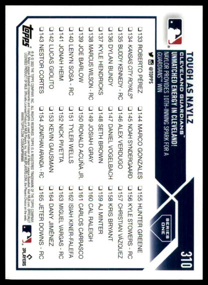 Back of a Baseball card from Tough as Naylz 2023 Topps Cleveland Guardians series