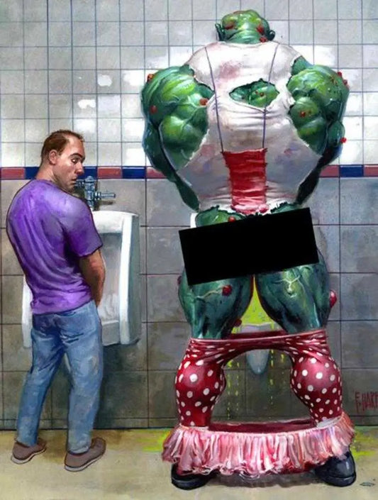 Humorous bathroom scene from Toxic Avenger Pinup featuring Fred Harper in Avenger Pinup Special
