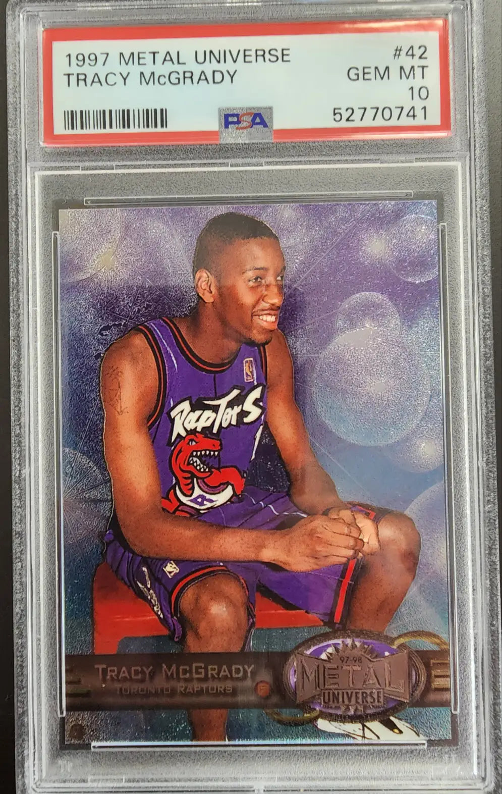 PSA 10 Gem Mint 1997 Metal Universe Rookie Tracy McGrady basketball card in case