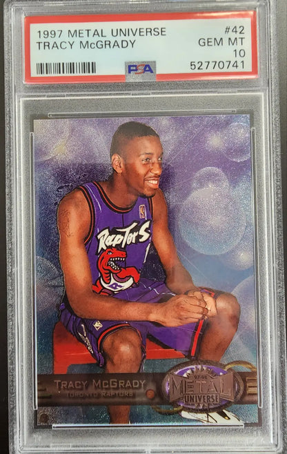 PSA 10 Gem Mint 1997 Metal Universe Rookie Tracy McGrady basketball card in case