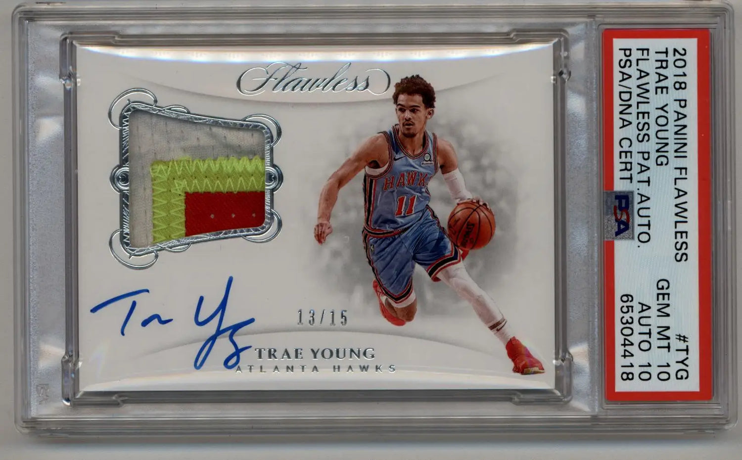 Basketball trading card of Trae Young, featuring Flawless Patch Auto and jersey patch