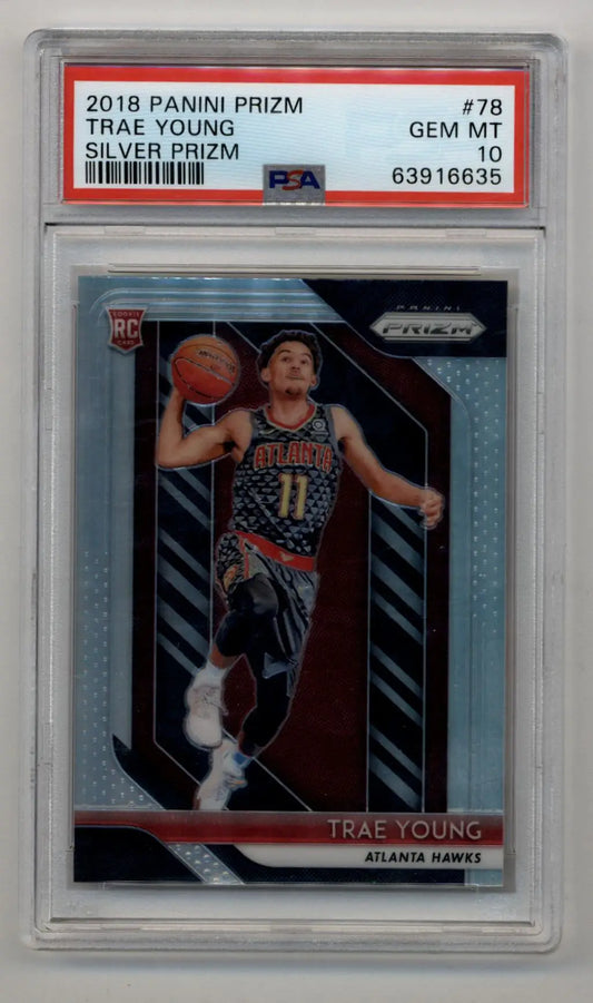 Trae Young 2018 Prizm Silver Rookie Card PSA 10 Gem Mint featuring Trae Young basketball