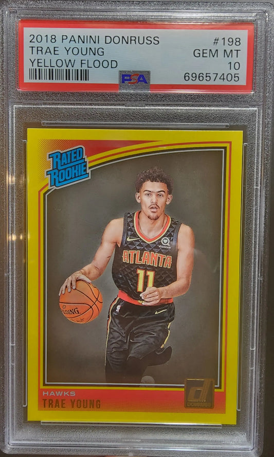 Trae Young 2018 Donruss Yellow Flood rookie card in PSA 10 Gem Mint condition