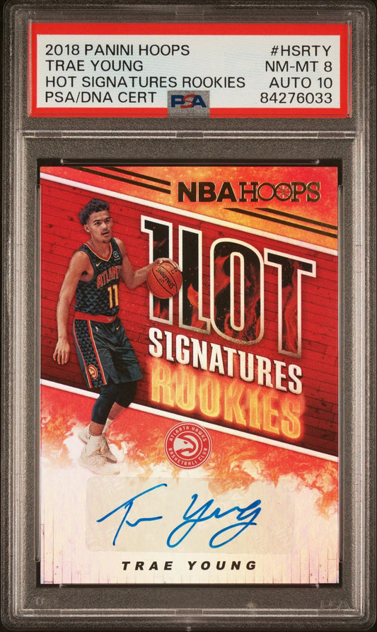 Encased 2018 Panini Hoops Hot Signatures Trae Young rookie basketball card with autograph