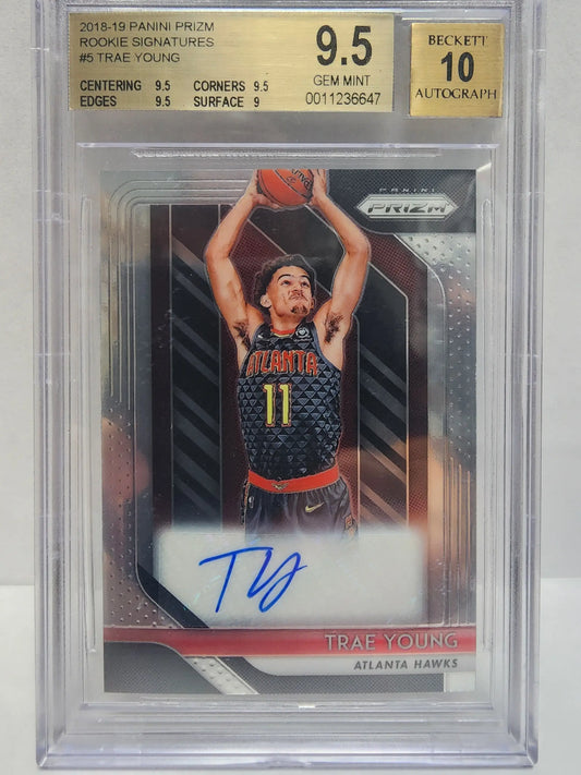 Graded Panini Prizm Auto BGS 9.5 of Trae Young in Atlanta Hawks navy jersey