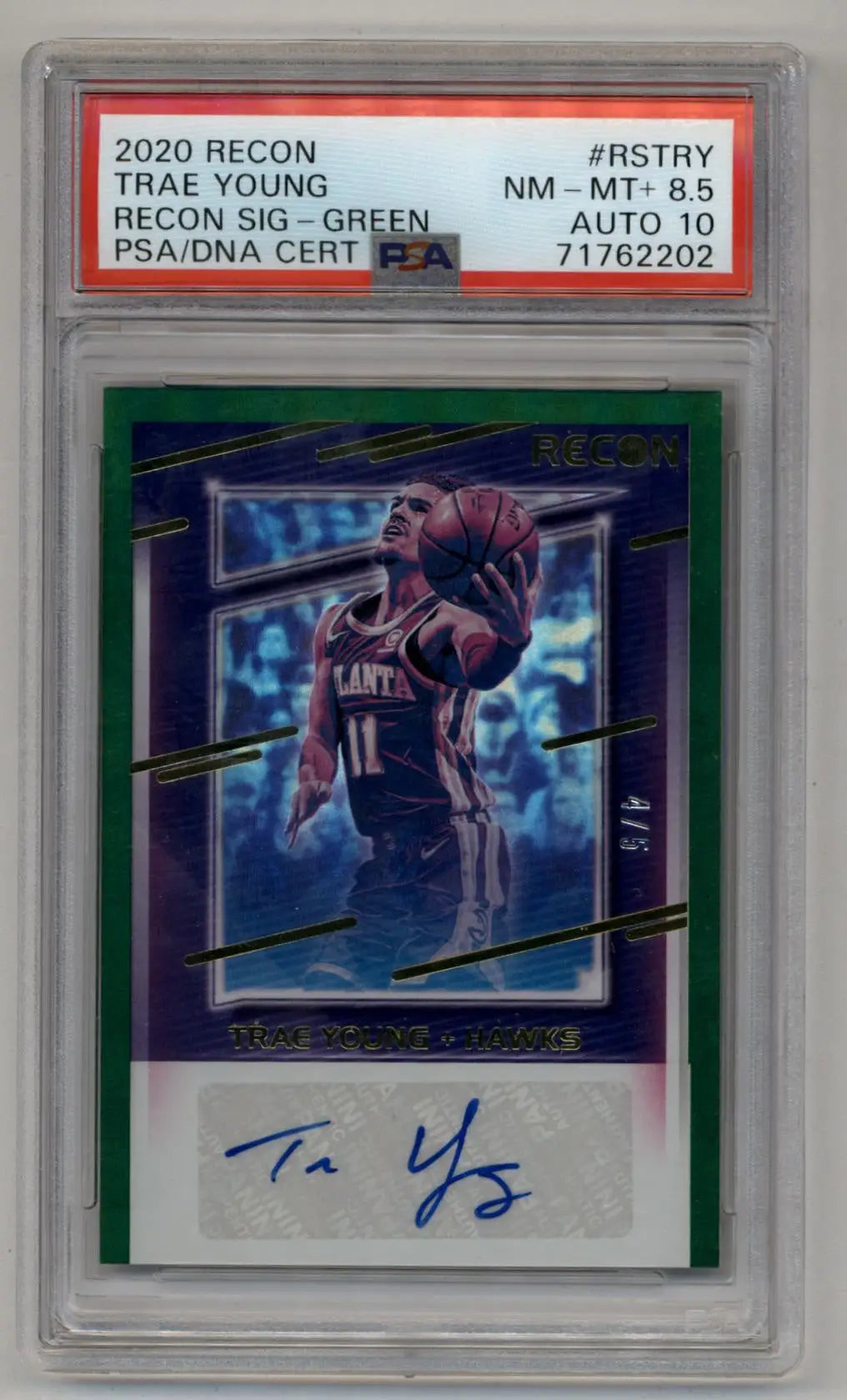 PSA-graded Trae Young 2020 Recon Signature Green Auto trading card with autograph