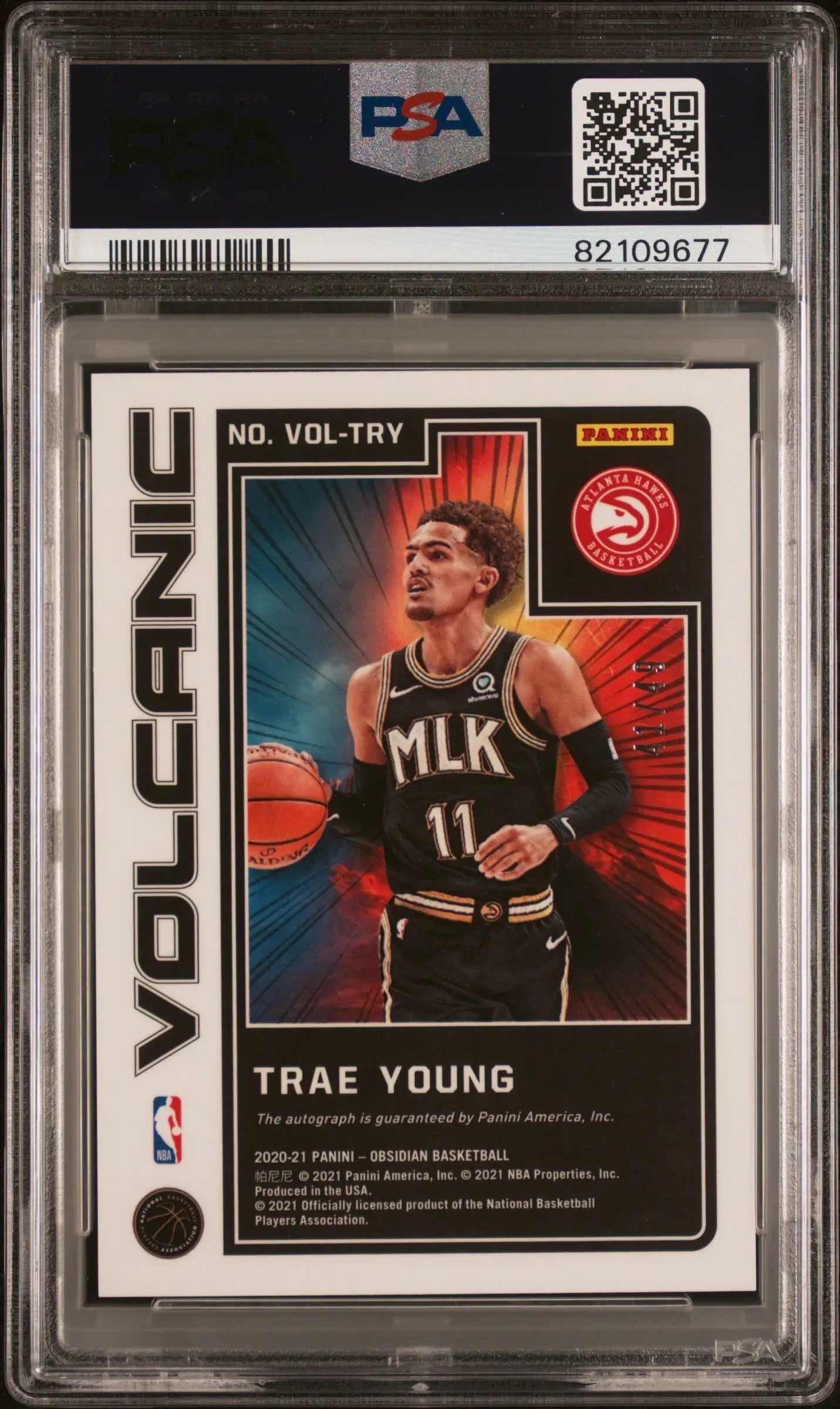 PSA-graded Trae Young 2020 Obsidian Volcanic Auto #41/49 with black MLK jersey