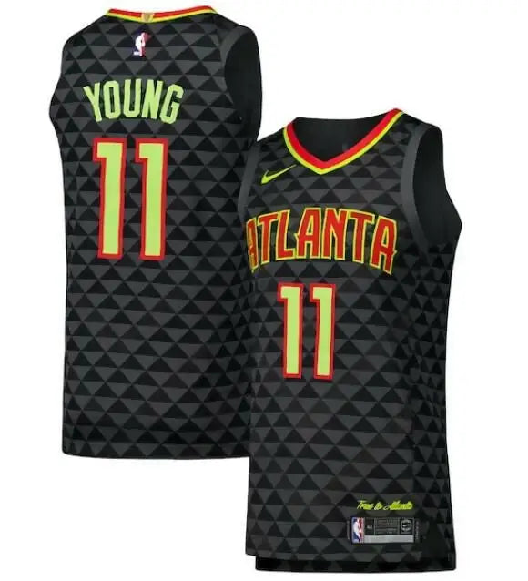 Black Trae Young Atlanta Hawks Nike Authentic Player Jersey with geometric pattern and yellow red trim