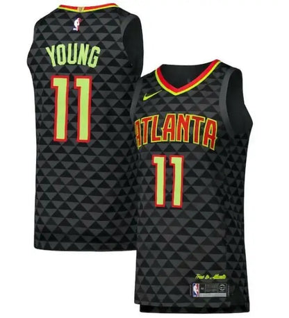 Black Trae Young Atlanta Hawks Nike Authentic Player Jersey with geometric pattern and yellow red trim