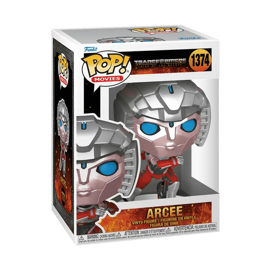 Arcee Funko Pop from Transformers Rise featuring silver armor and vibrant blue eyes