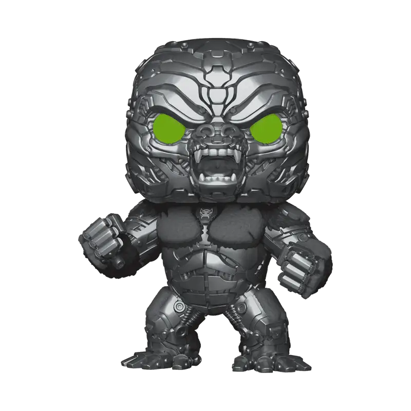 Metallic Optimus Primal Funko Pop with glowing green eyes in menacing pose