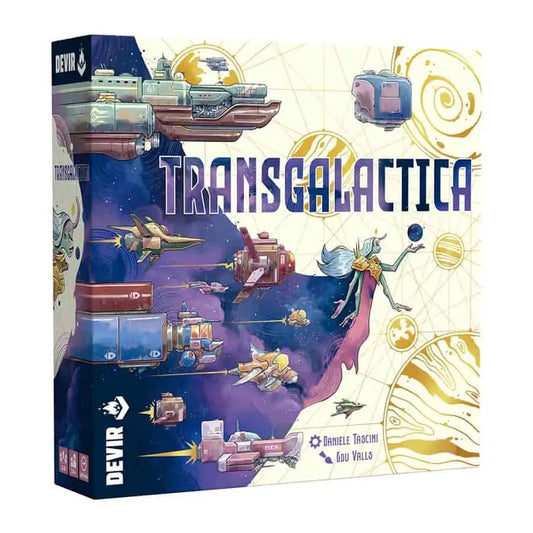 Transgalactica Board Game box by Devir Games featuring a castle panic style design