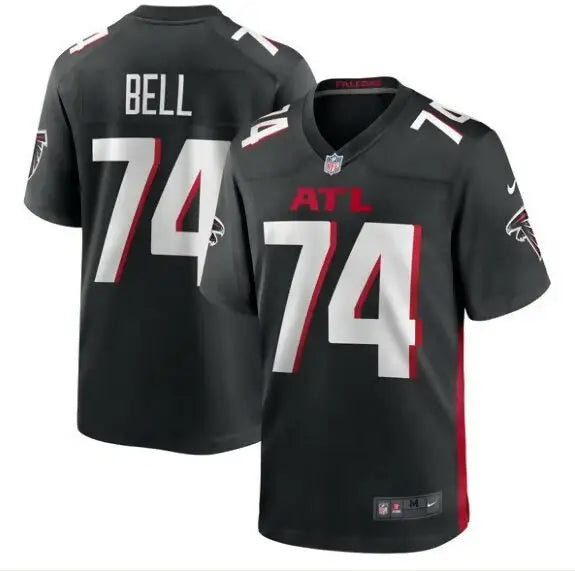 Black Atlanta Falcons Travis Bell Nike Game Jersey with Bell and 74 on back and ATL on front