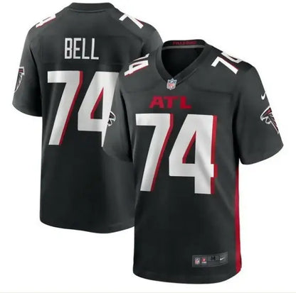 Black Atlanta Falcons Travis Bell Nike Game Jersey with Bell and 74 on back and ATL on front