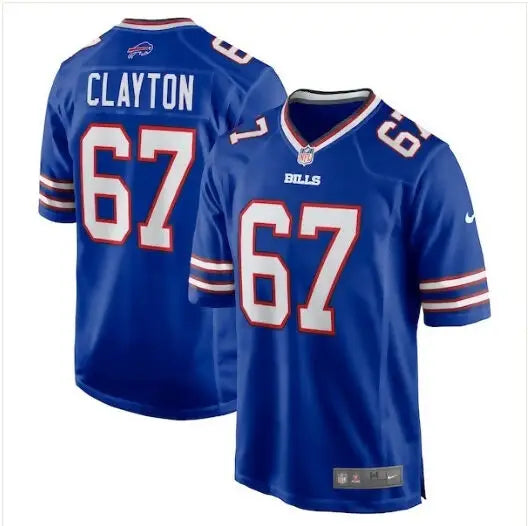 Blue Travis Clayton Buffalo Bills Nike Game Jersey displayed on a product page